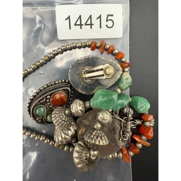 Vintage Tibetan Necklace‎ Earrings Set Green Orange Silver Tone Clip Ons 18" - Picture 16 of 16